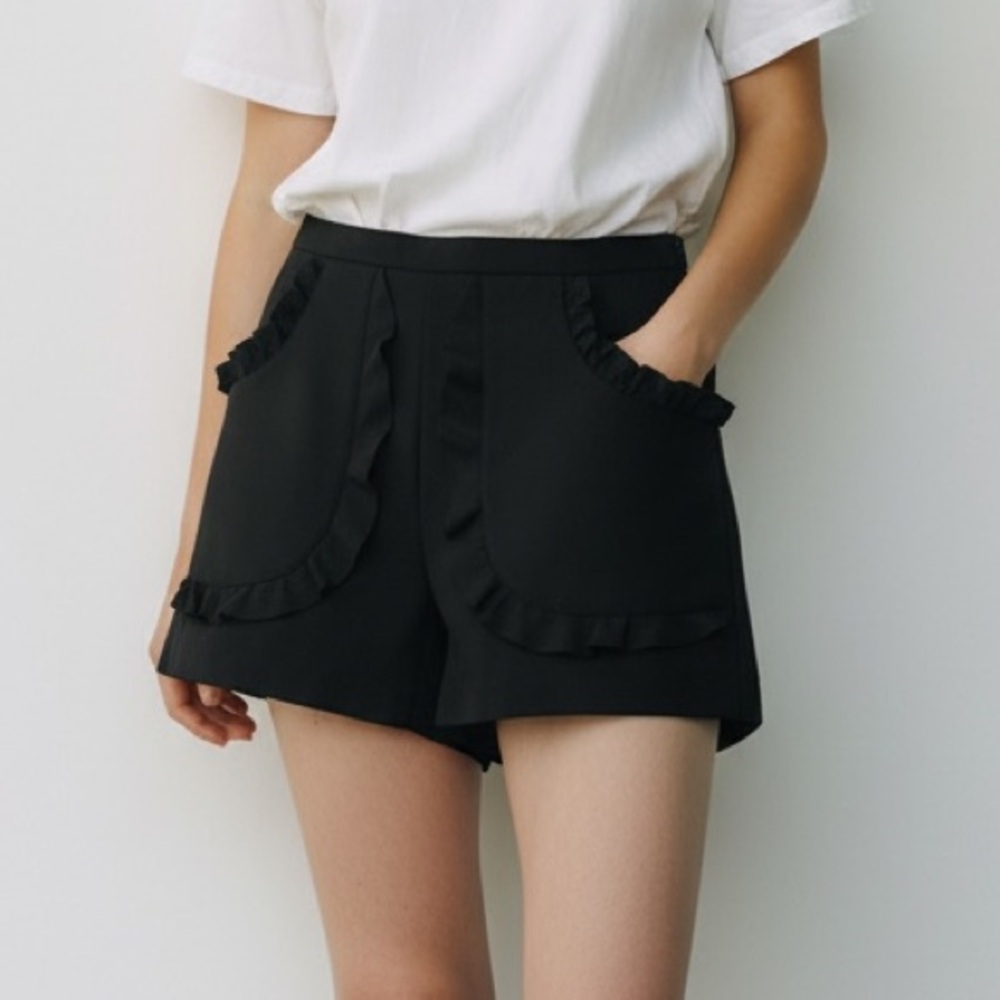 RED Valentino Black High Waist Ruffle Shorts